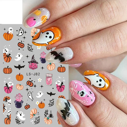 sengpan Pink Pumpkin Nail Art Stickers Halloween Decoration Bat Ghost Design Black Cat Skull Nail Sliders Charms Manicure Decal NLLS-J82