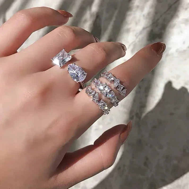 Lianfudai New Fashion 3 Layers Irregular AAA Cubic Zirconia Couple Wedding Open Adjust Rings for Women Party Silver Color Jewelry