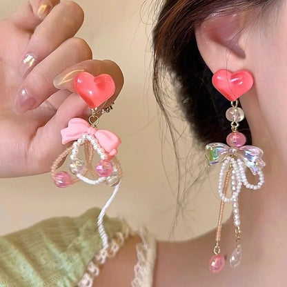 sengpan Super Fairy Pink Heart-Shaped Tassel Long Earrings Women Show Face Small Earrings Exaggerated Vacation Style Accessories Party