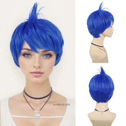 sengpan Synthetic Hair Short Sadness Wig Cosplay Straight Blue Wig for Kid with Glasses Inside Out Costume Halloween Fake Wigs for Women