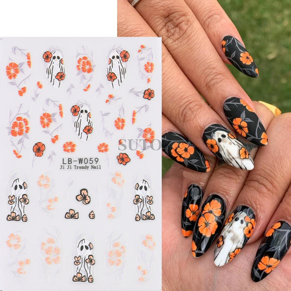 sengpan 5D Embossed Halloween Nail Stickers Skull Chams Spooky Flower Ghost Nail Decals Spider Web Skeleton Sliders for Manicure NTJI-5D