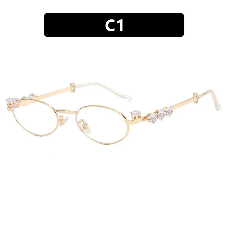 Lianfudai Metal Oval Shades Women Men Rhinestone Diamonds Sunglasses 2024 Unisex Bling Eyeglasses Frames  Uv400 Fashion Eyewear Glasses