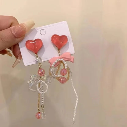 sengpan Super Fairy Pink Heart-Shaped Tassel Long Earrings Women Show Face Small Earrings Exaggerated Vacation Style Accessories Party