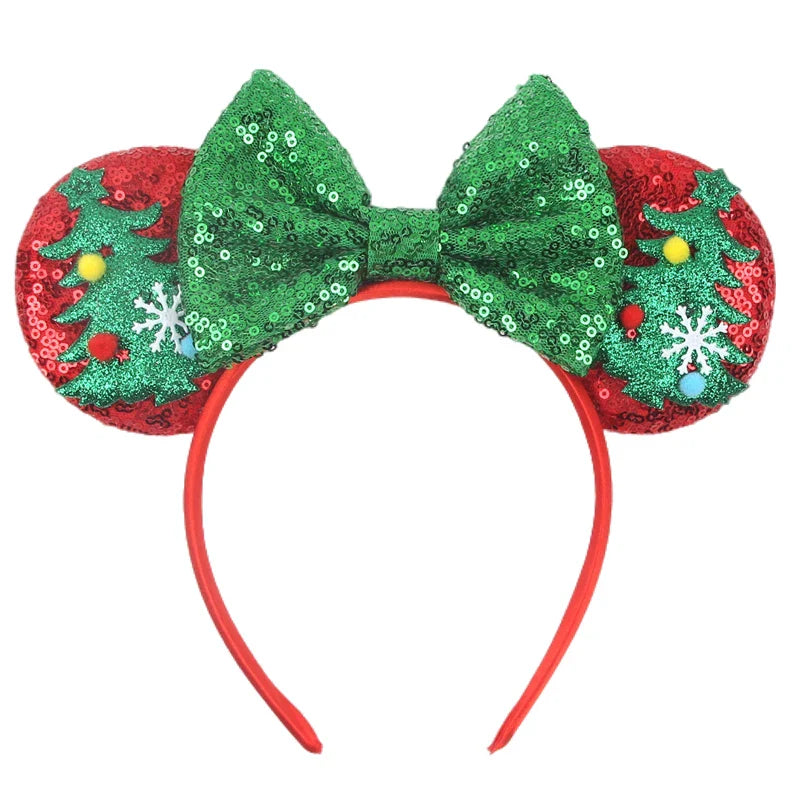 sengpan New Disney Christmas Mouse Ears Headband Santa Antler Sequins Bow Hairband For Women Featival Party DIY Hair Accessories Gift