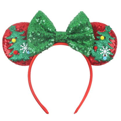 sengpan New Disney Christmas Mouse Ears Headband Santa Antler Sequins Bow Hairband For Women Featival Party DIY Hair Accessories Gift