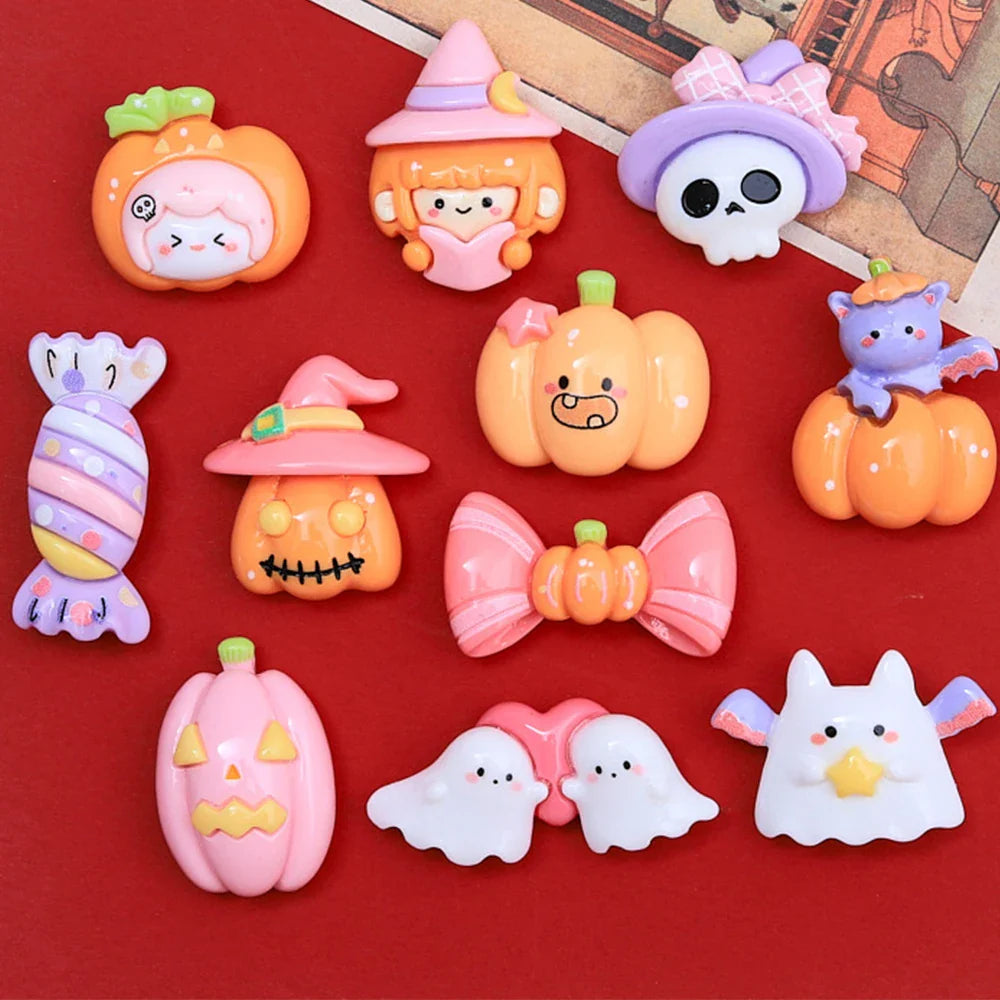 Lianfudai 10PCS Shiny 2024 Cartoon Halloween Resin Flatback Cabochons For Hairpin Scrapbooking DIY Jewelry Craft Decoration Accessories