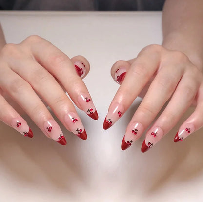 sengpan Cherry French Almond Style Press on Nails Wearing Armor Red Minimalist Nail Art Stick-On Nails Fake Nails W/ Tool