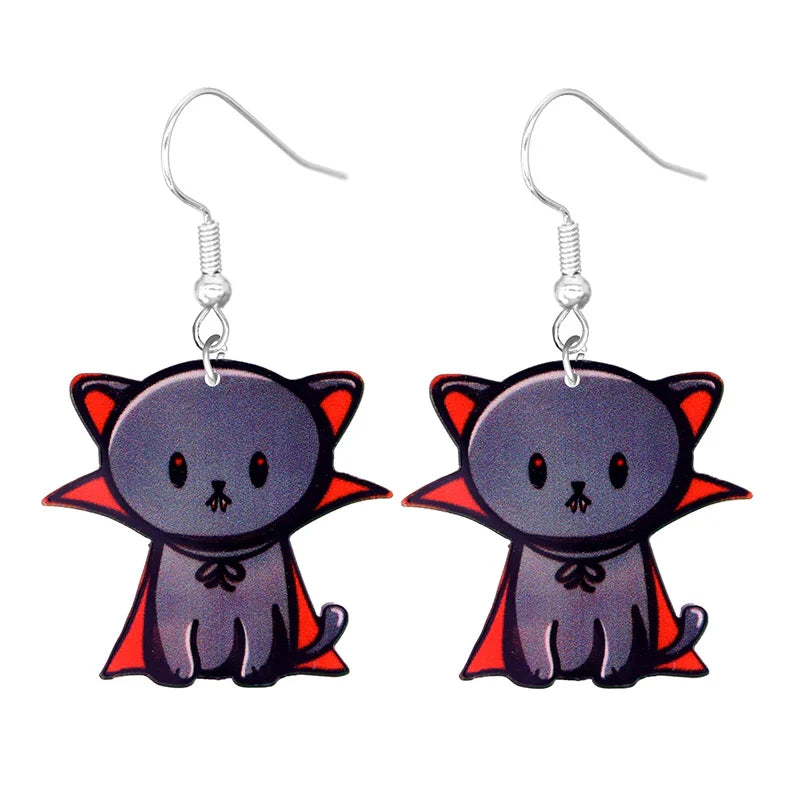 sengpan Halloween Earrings Cute Cartoon Cat Crow UFO Bat Design Dangle Earrings Acrylic Jewelry Versatile Accessories