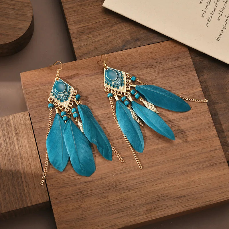 sengpan  Bohemian Feather Tassel Earrings Peacock Blue Vintage Pendant Earrings Birthday Party Holiday Travel Jewelry Accessories