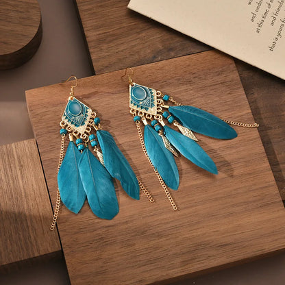 sengpan  Bohemian Feather Tassel Earrings Peacock Blue Vintage Pendant Earrings Birthday Party Holiday Travel Jewelry Accessories