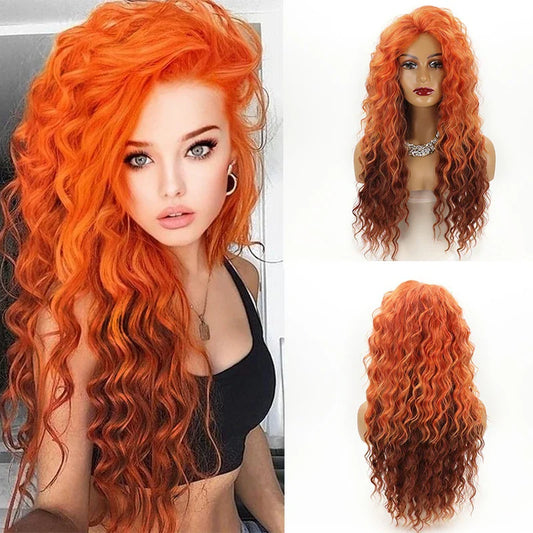 sengpan Long Fluffy Curly Wig for Women Ombre Orange Ginger Natural Wavy Hair Wig Ash Blonde Synthetic Loose Deep Wave Wig  Cosplay