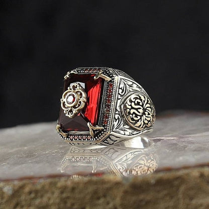 sengpan Retro Handmade Turkish Signet Rings for Men Ancient Silver Color Carved Ring Mystic Zircon Inlay New Punk Motor Biker Ring