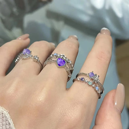 sengpan 3 Pcs/set Y2K Purple Color Heart Zircon Rings for Women Fashion Retro Gothic Shiny Queen Ring 2024 Hot Party Gifts Lucky Jewelry