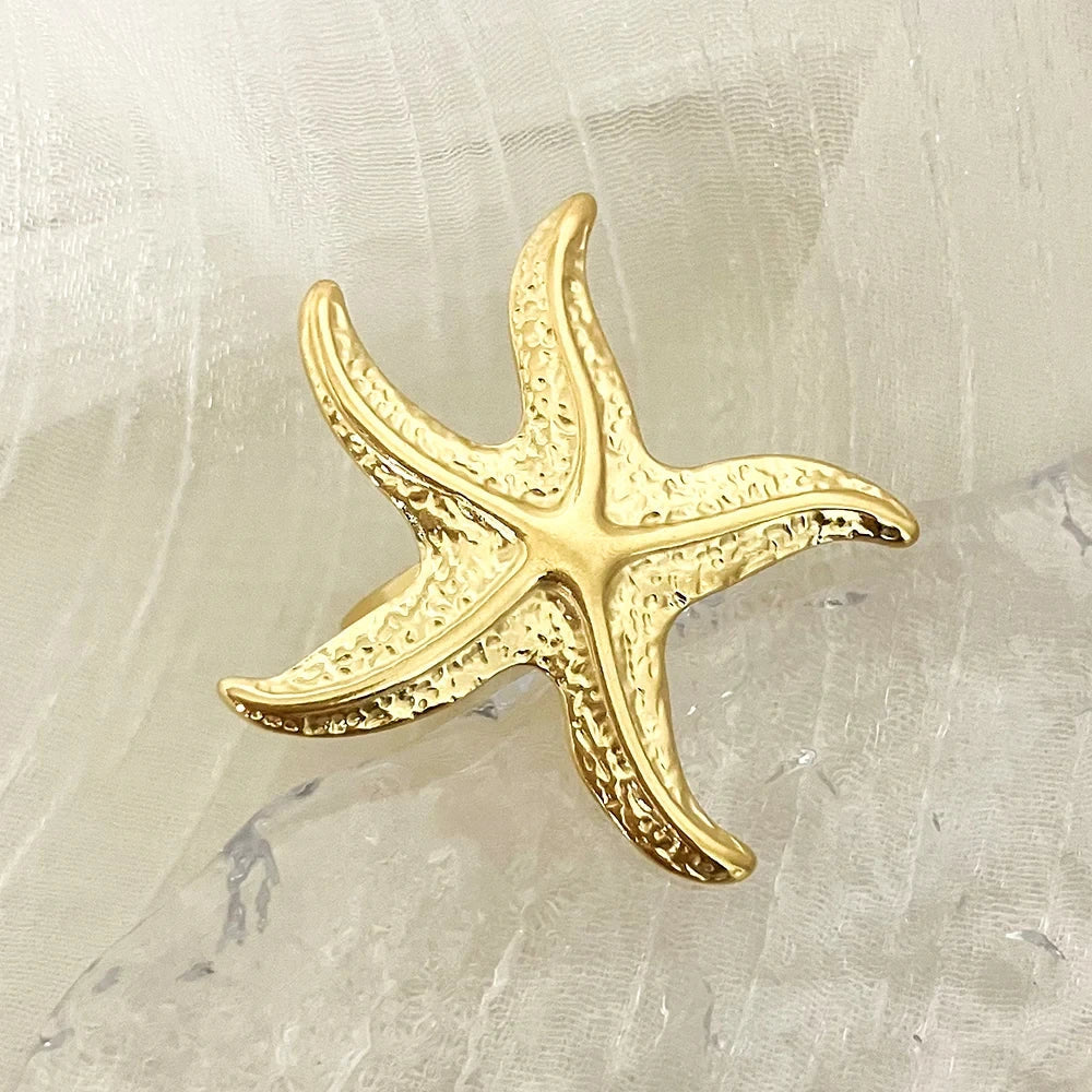 sengpan 1pc Starfish Shaped Funny Stainless Steel Opening Ring 14K Gold Plated Funny Accessories Men And Women's Ring For Daily Wear