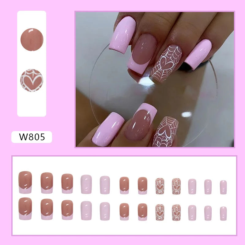 sengpan Pink Spider Web Heart Nail Art Halloween Elements Square Fake Nail Tips Full Cover Finished False Nail Press on Nail Glue Woman