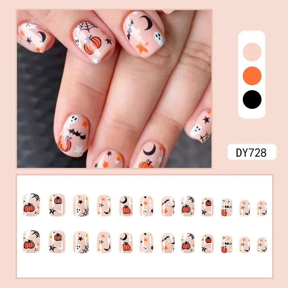 sengpan French False Nails Manicure Halloween Cartoon Fake Nials Funny Pumpkins Detachable Press on Nails Women