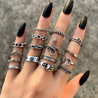 sengpan 21pcs/set Punk Gothic Butterfly Snake Heart Rings Set For Women Men Vintage Silver Plated Geometric Finger Rings Party Jewelry