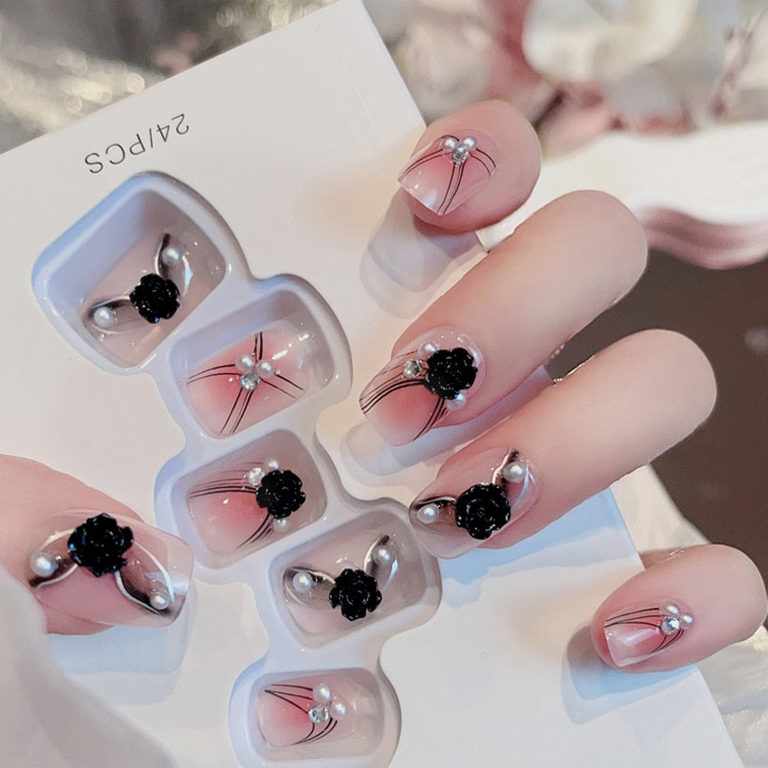 sengpan 24P Nail Art Fake Nails Japanese Ballerina Press on Nails Set Diamond Streamer Flash Fly Butterfly Seamless Removable False Nail