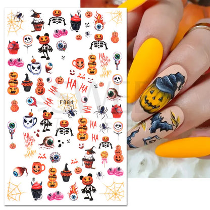 sengpan Cute Halloween Nail Design Sticker Pink Cartoon Skull Pumpkin Spooky 3D Punk Holiday Manicure Slider Nail Art Accessories BEF886