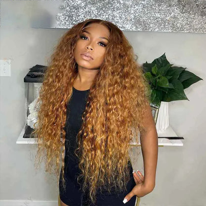 sengpan Soft Preplucked 26Inch 180%Density Glueless Ombre Honey Blonde Kinky Curly Lace Front Wig With BabyHair Heat Temperature Daily