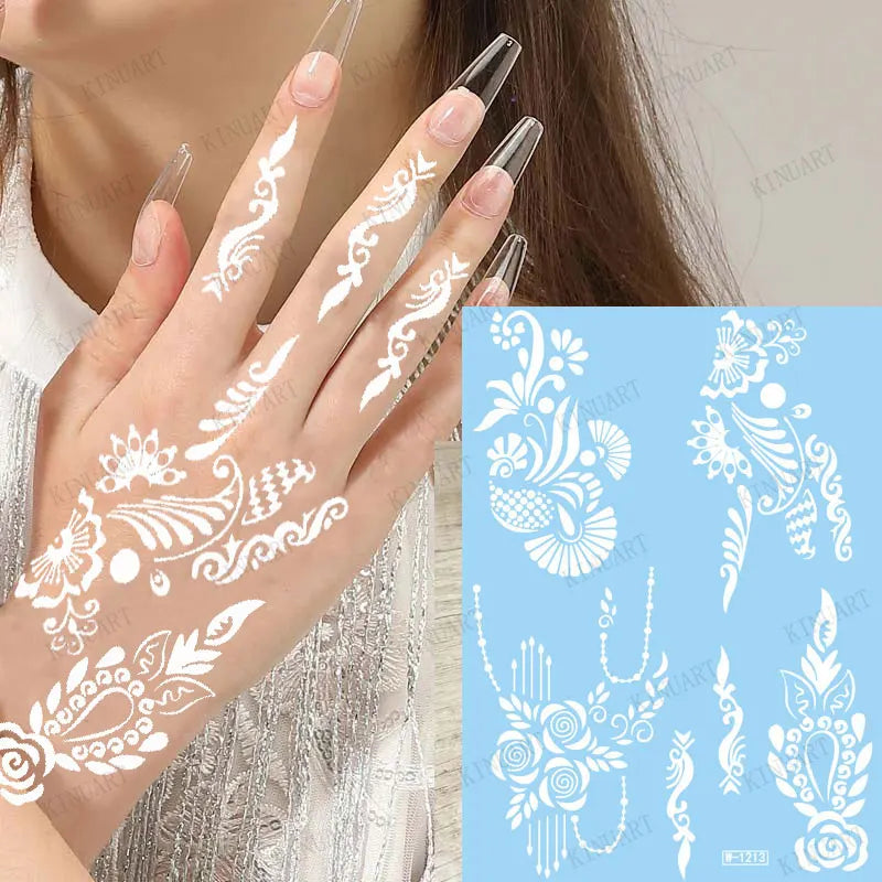 sengpan White Henna Stickers for Hand Temporary Henna Tattoos for Women Fake Tatoo Waterproof Mehndi Designs Wedding Tattoo Hena