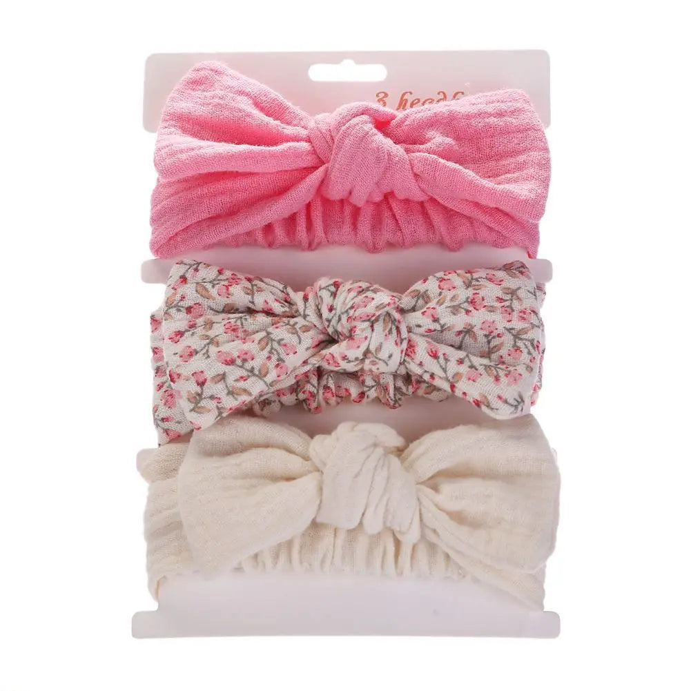 Lianfudai 3PC/lot Muslin Cotton Linen Baby Headband Newborn Knotted Hair Bow Turban Floral Print Headband Children Girls Hair Accessories