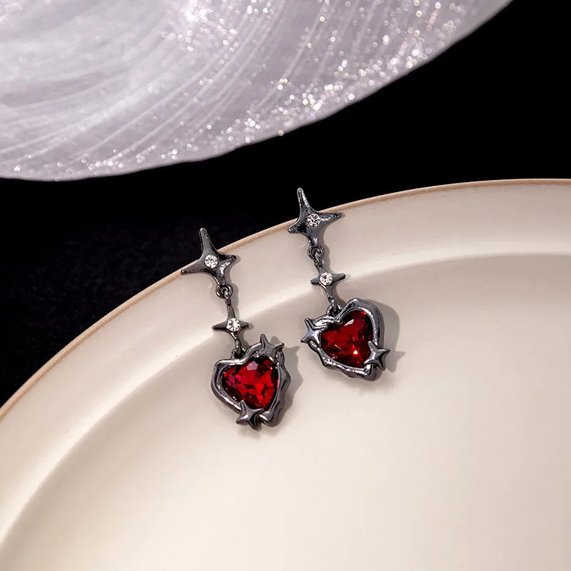 sengpan New Gothic Liquid Heart Cross Star Pendant Earrings Y2K Red Zircon Love Dangle Earring Irregular Aesthetic Tassel Earrings