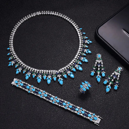 sengpan Popular 4-piece Cubic Zirconia Droplet Colored Crystal Bridal Wedding Set Women's Rhinestone Bridal Necklace Jewelry Set