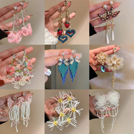 Lianfudai Beaded Crystal Flower Tassel Earrings Exaggerated 2022 New Trendy Earrings Women