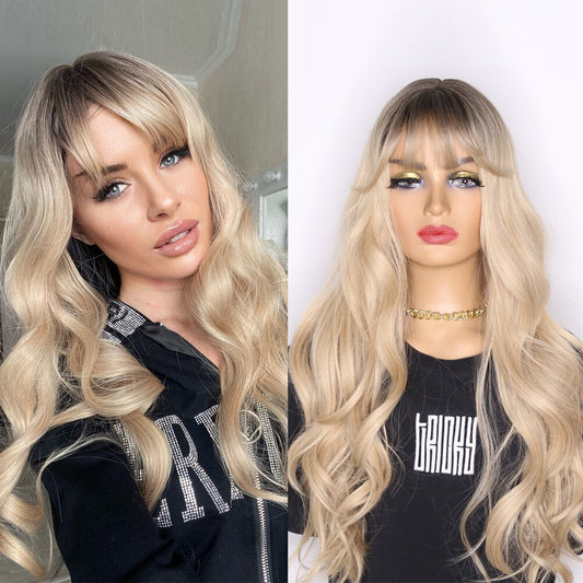 sengpan Synthetic Wigs  for Woman with Bangs Long Natural Wave Ombre 613 Color Cosplay/Daily/Party  Heat Resistant Fibre Hair