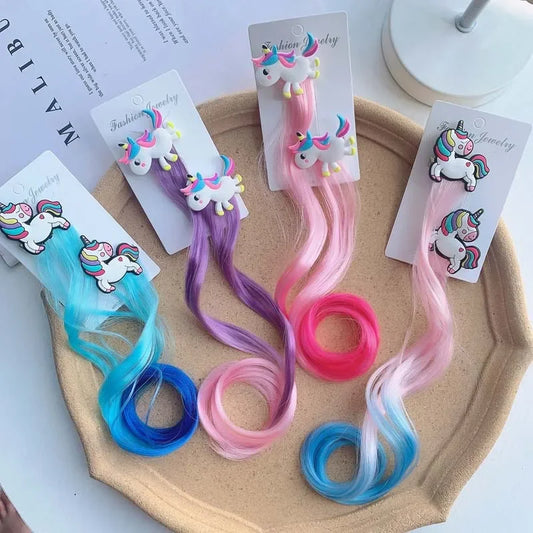 sengpan 2pcs Kids Unicorn Colorful Wig Hair Pin Children Hair Clips Fake Twist Gradient Braid Headdress Girls Hair Accessories