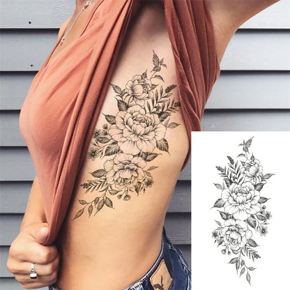 sengpan Death Skull Flower Temporary Tattoo For Women Girls Snake Bird Peony Tattoo Sticker Black Fake Blossom Sexy Tatoo Transfer Adult