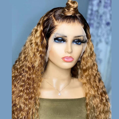 sengpan Soft 26"Long Ombre Honey Blonde Preplucked 180Density Glueless Kinky Curly Lace Front Wig For Black Women BabyHair Daily Cosplay