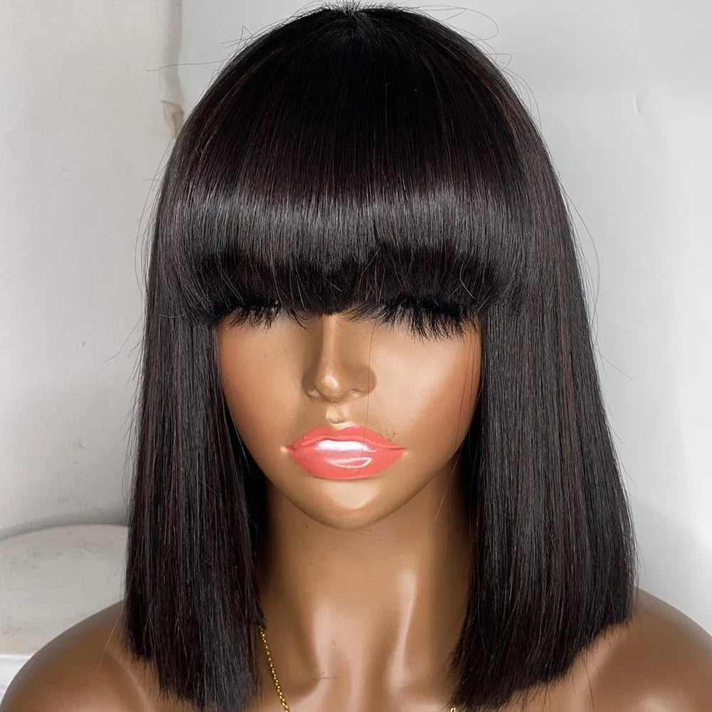 sengpan 180% Density Straight Bob Wig With Bangs Short Full Machine Made Human Hair Wig Natural Bob Human Hair Wig With Bangs For Women