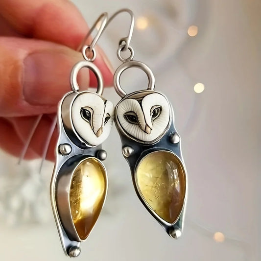 sengpan Vintage Owl Design Synthetic Gems Inlaid Dangle Earrings Bohemian Party Style Alloy Jewelry Creative Female Earrings