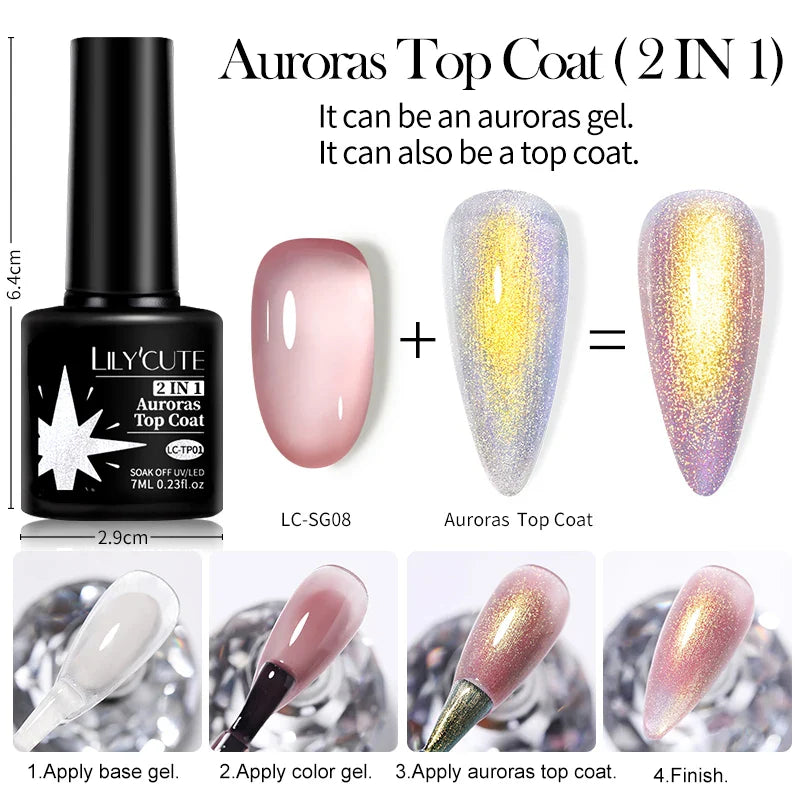 sengpan 7ML Aurora Top Coat Sparking Gel Nail Polish Semi Permanent UV Gel 2 In 1 Function Top Coat UV LED Nail Art Gel Varnish