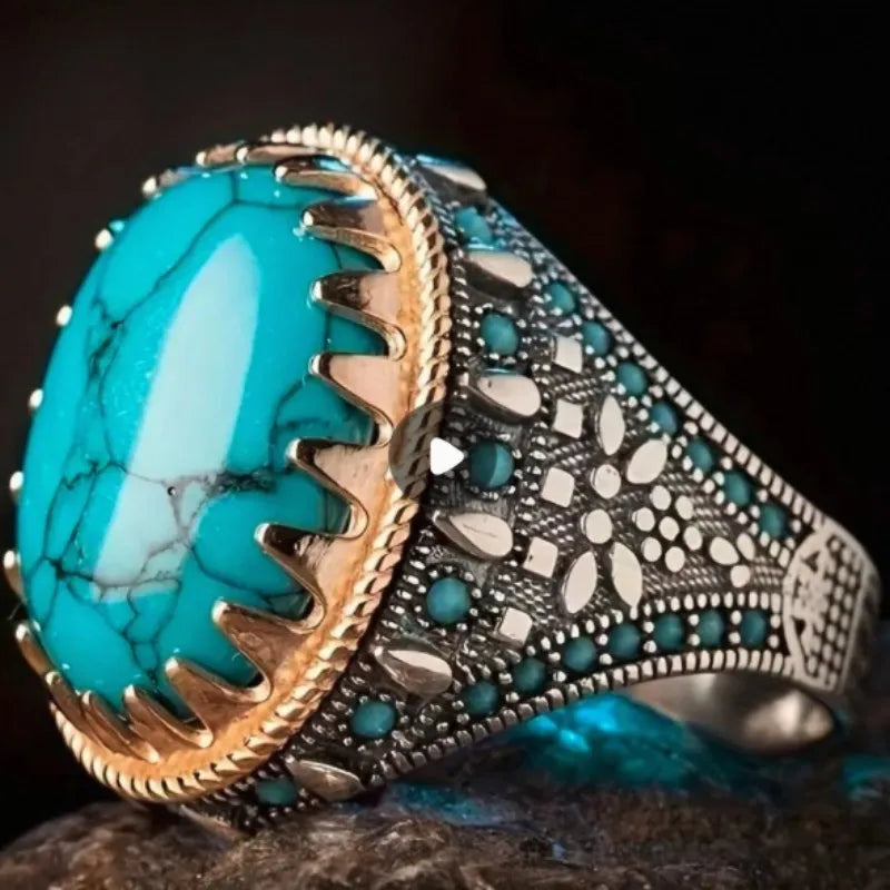 Lianfudai  Punk New Retro Men's Electroplating Two-color Inlaid Turquoise Ring Punk Style Personality Banquet Ring