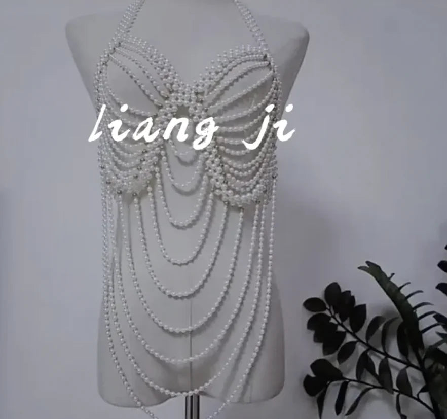 sengpan Pearl Body Chain Jewelry totally hand-made Bra fringed For Women Bridal Wedding Dress Beach Nightclub Pearl Waist chain