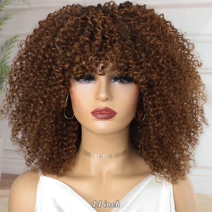 sengpan Big Curly Wig With Bangs Short Human Hair Afro Kinky Curly Wig Brown Color Glueless Full Machine Made Wig 250 Density Brazilian