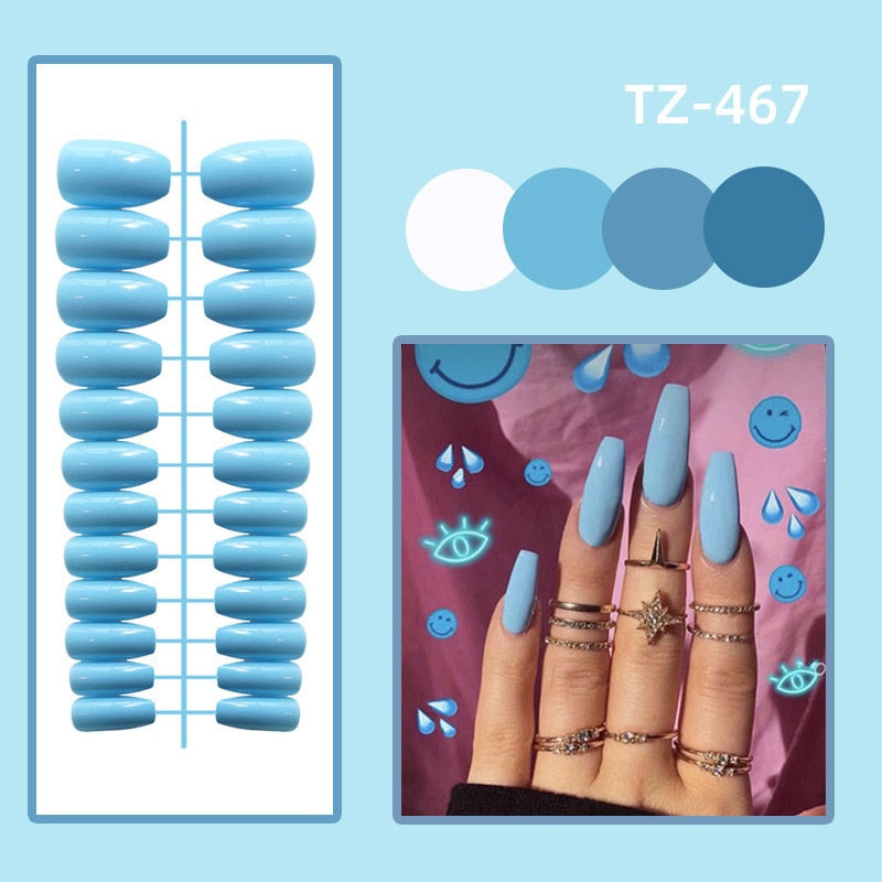 sengpan 24Pcs/Set Long Round Head Bright Solid Color Press On Acrylic Nail Art Fake Nails Finished Wearing Manicure Reusable False Nails