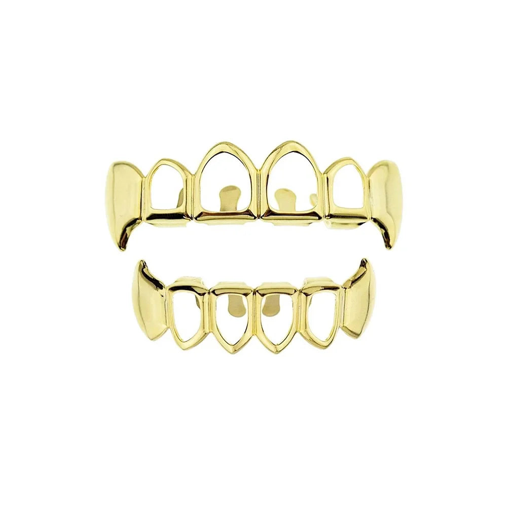 sengpan 14K Gold Plated Teeth Grillz Hip Hop Hollow Fangs Tooth Caps Decor Punk Dental Grills For Women Men Jewelry