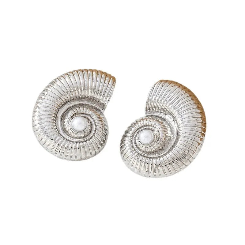 Lianfudai Spiral snail earrings imitation pearls high-end simple earrings fashionable retro ladies beautiful jewelry 2024