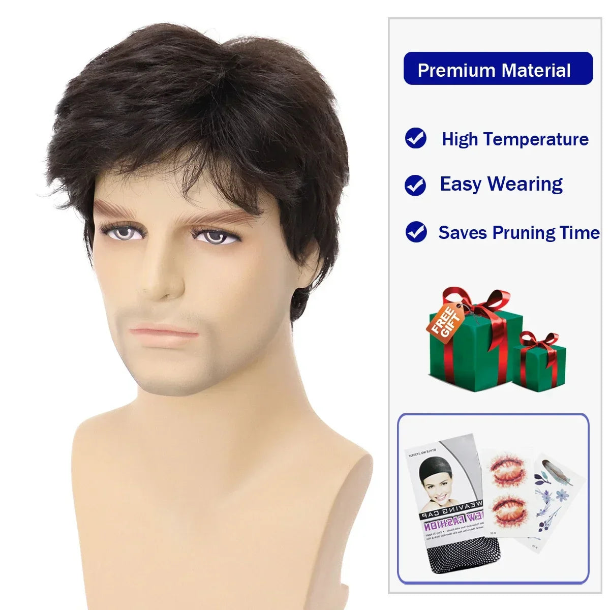 sengpan Men Wigs Short Hair Synthetic Dark Brown Color Natural Wigs with Bangs Fashion Short Haircuts Male Wig Cosplay Daily