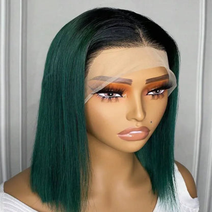 sengpan Soft 180Density Short Bob Ombre Green Glueless Straight Lace Front Wig For Black Women BabyHair Preplucked Daily Cosplay