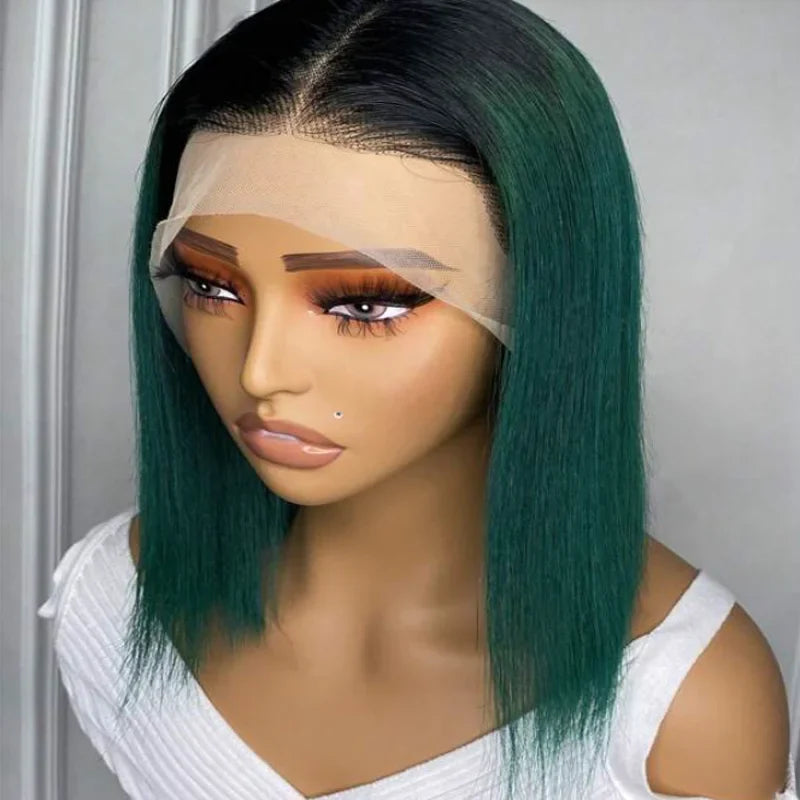 sengpan Soft 180Density Short Bob Ombre Green Glueless Straight Lace Front Wig For Black Women BabyHair Preplucked Daily Cosplay