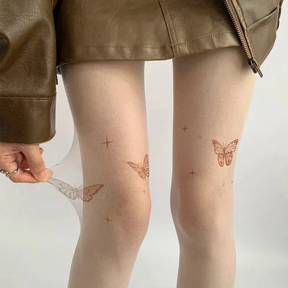 sengpan Y2K Fake Tattoo Printed Butterfly Stockings Skin Color Hosiery Thighs Cored Stocking Lolita Sweet Cute Tights Pantyhose Lingerie