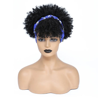 sengpan Short Kinky Curly Headband Wigs  Afro Puff Curly Headband Wig For Women Natural Synthetic Turban Wrap Wig  Cosplay Daily Use