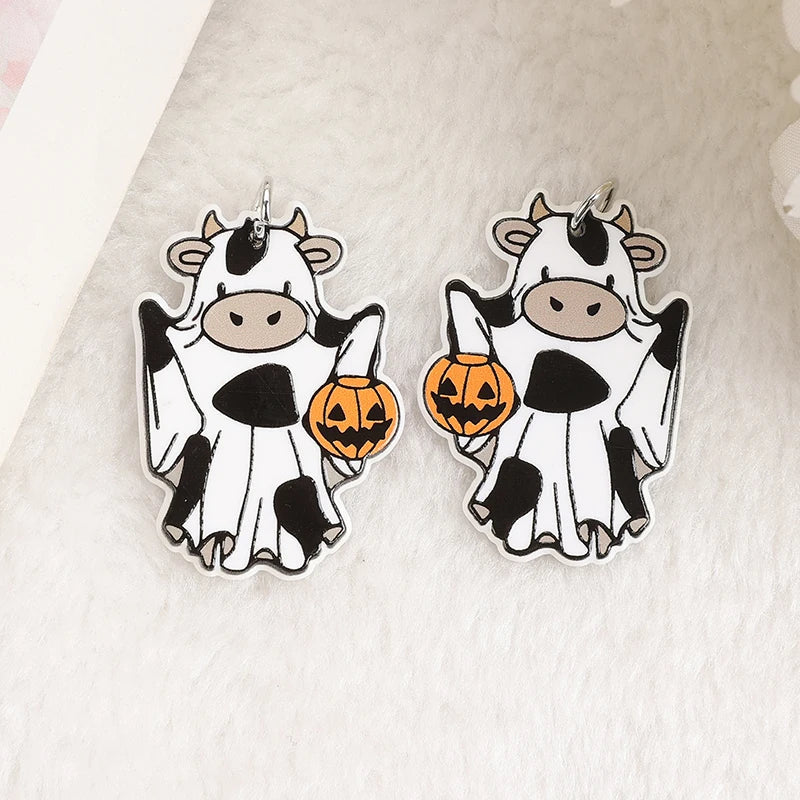 sengpan 8Pcs Halloween Charms Creative Acrylic Ghost Cat Cow Pendant For Keychain Necklace Jewelry Diy Making