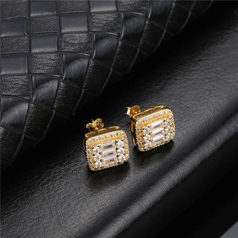 sengpan Hip Micro 1Pair Heart Shape Pave Baguette Cubic Zircon Stone Ice out Stud CZ Earring Bling Copper Earrings For Women Men Jewelry