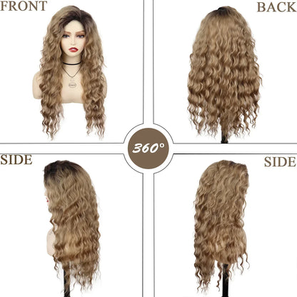 sengpan Synthetic Long Wave Cur Wigs Female Natural Brown Wig with Clip Free Part Side Bangs 80s Curly Wigs for Women Ombre Wig